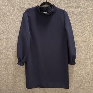 APC Dress Womens 40 Large Navy Blue Long Sleeve Mock Neck Shift Smocked Julie